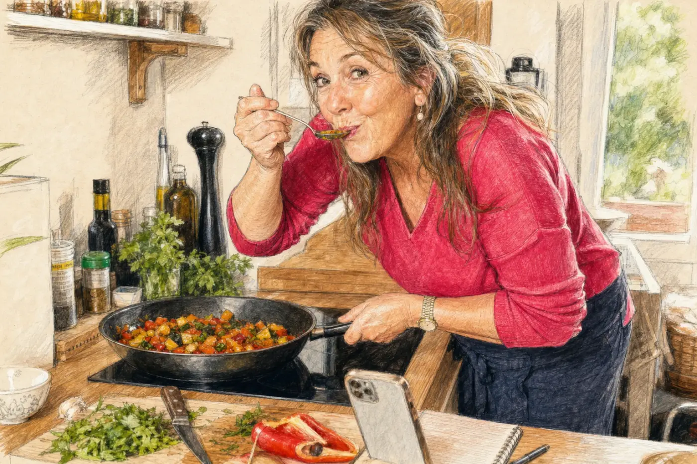 Une femme de 59 ans goûte avec plaisir un plat de légumes qu’elle prépare dans sa cuisine, son téléphone posé près d’elle.