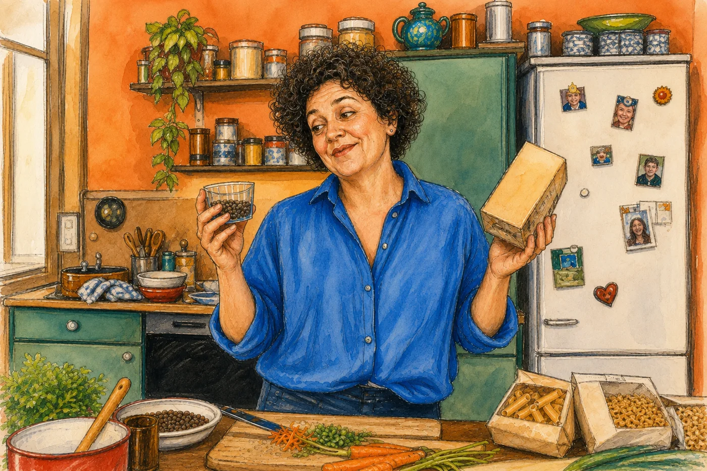 Une femme choisit librement entre des aliments familiers et une nouveauté.