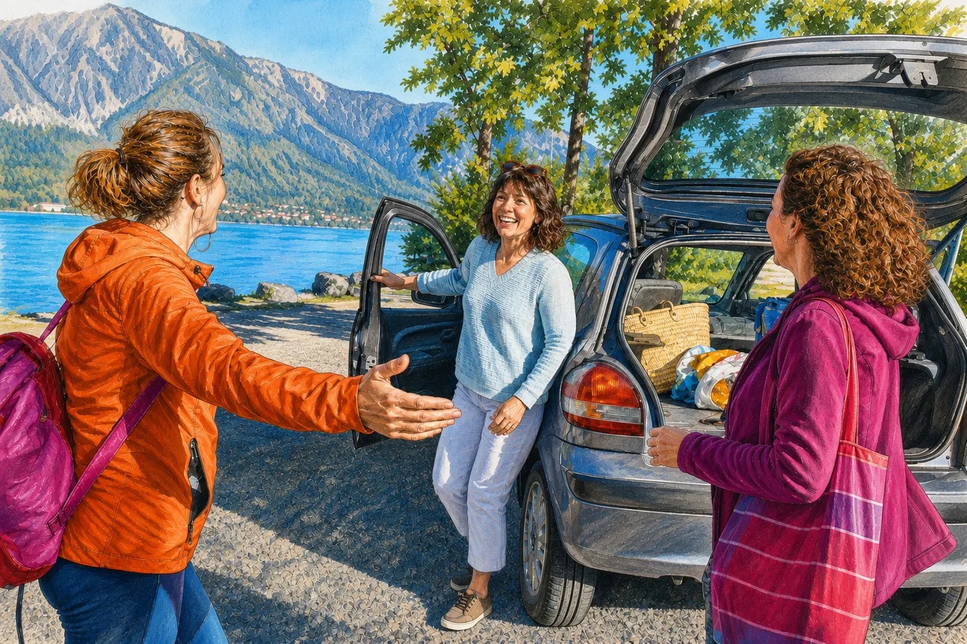 Trois amies se retrouvent en riant près d’une voiture ouverte sur le parking arboré d’un grand lac de montagne.