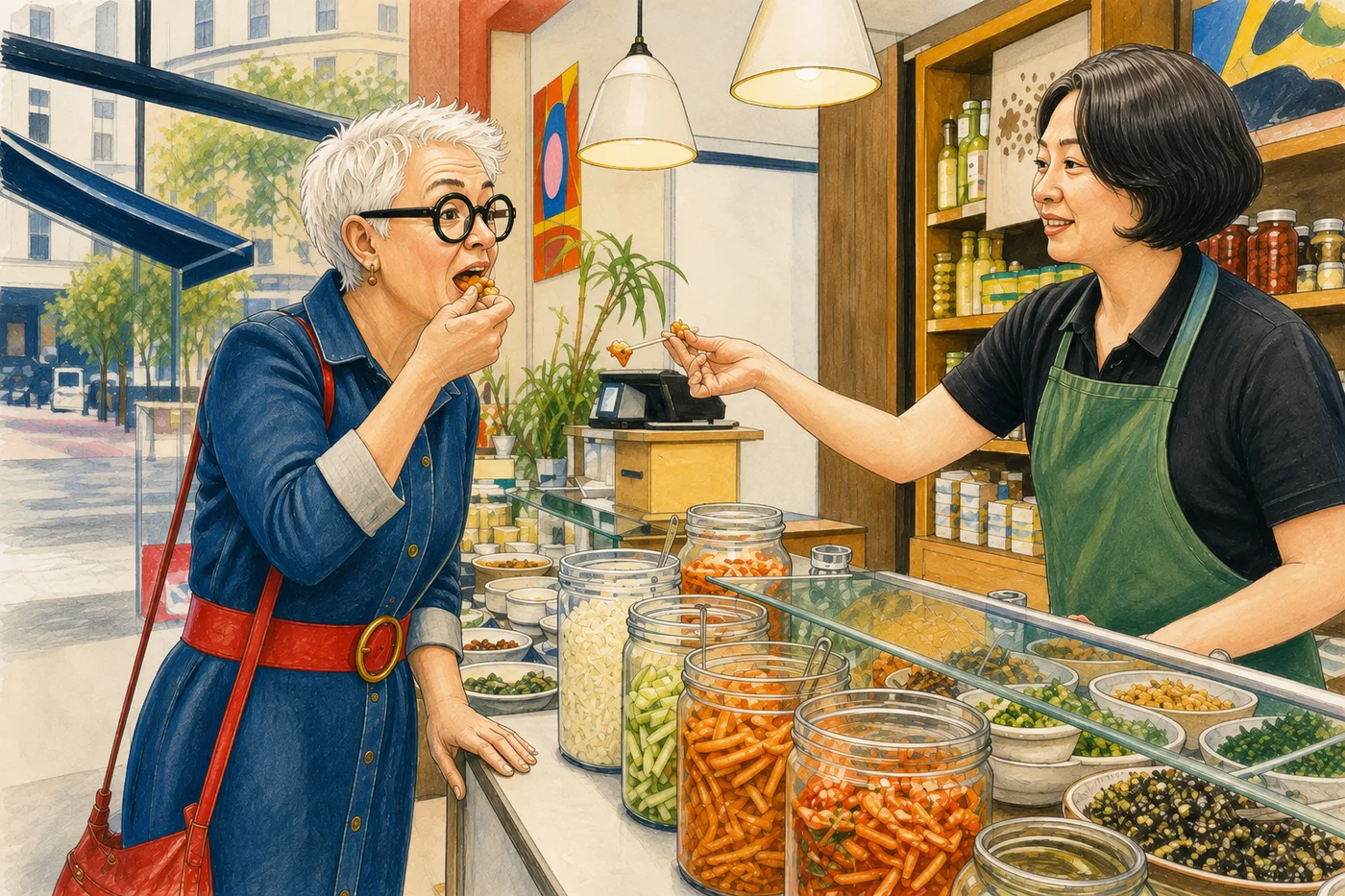 Une femme découvre des aliments fermentés dans une épicerie coréenne.