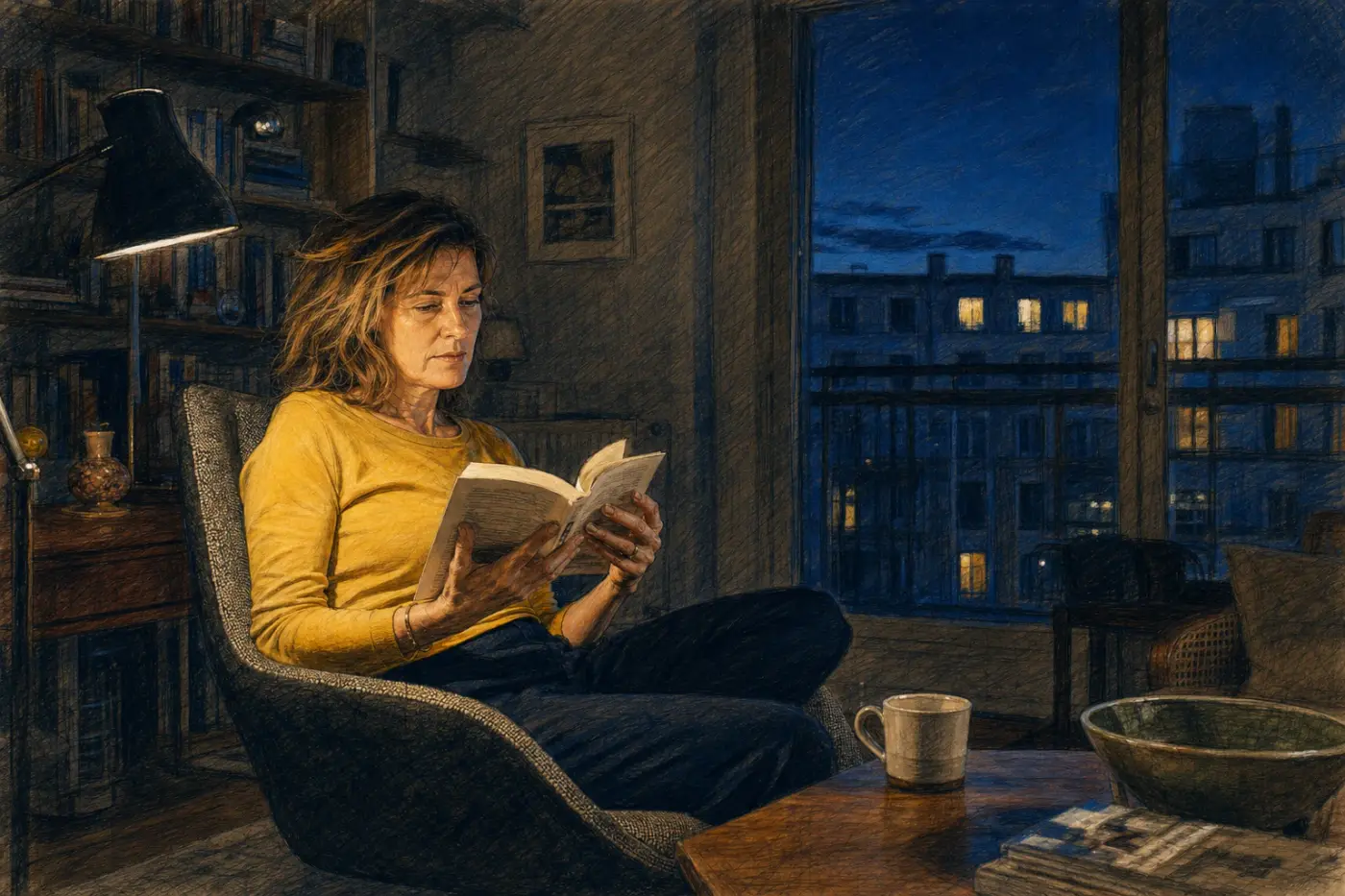 Une femme lit dans son salon pendant une nuit calme, éclairée par une lampe et la lumière de la ville.