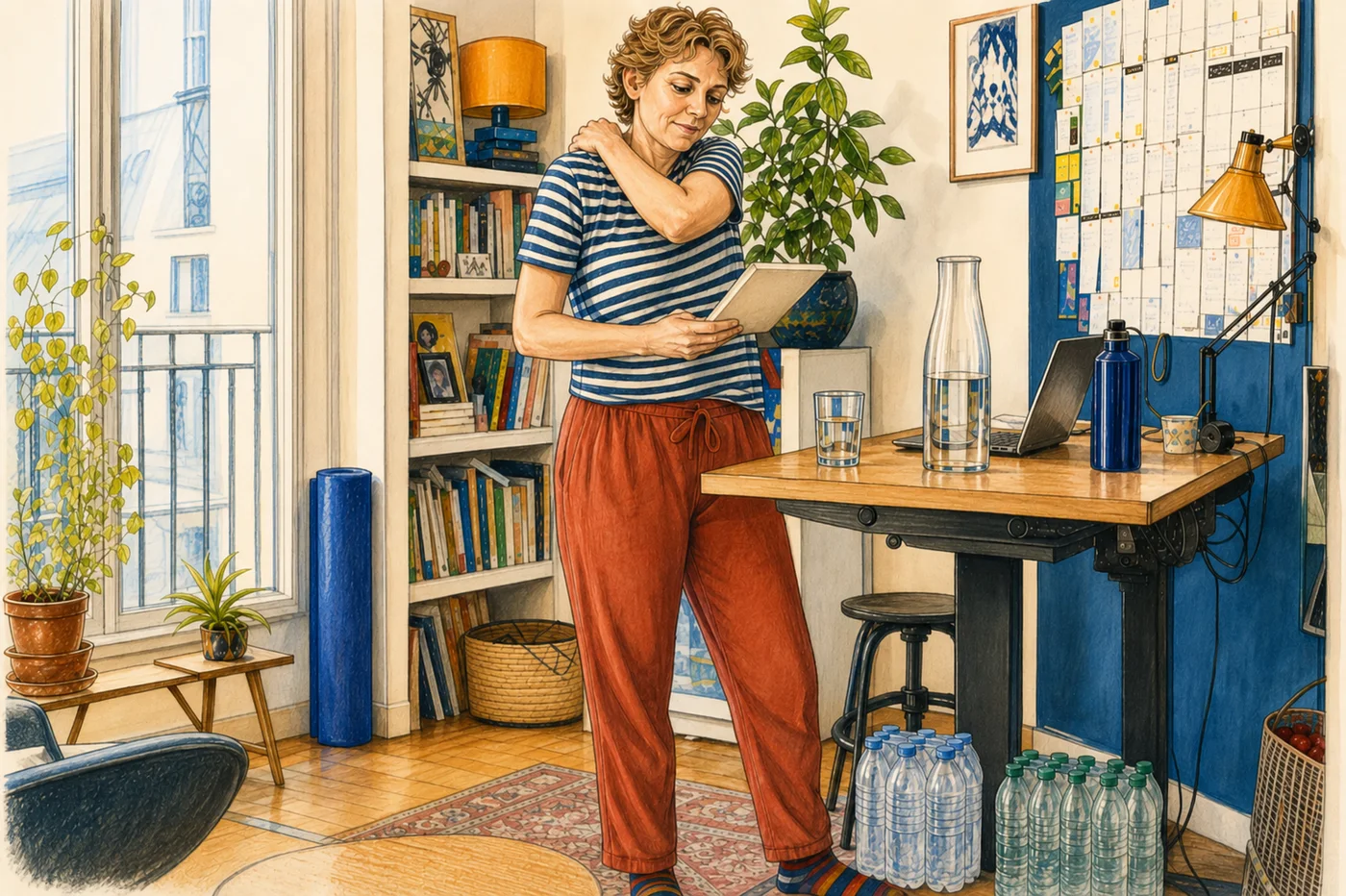 Une femme organise des bouteilles d’eau plate et pétillante pendant un jeûne.