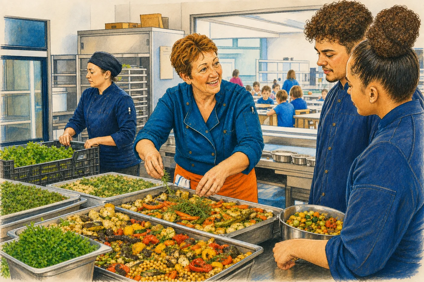 Une femme transmet une cuisine généreuse de légumes à une équipe.
