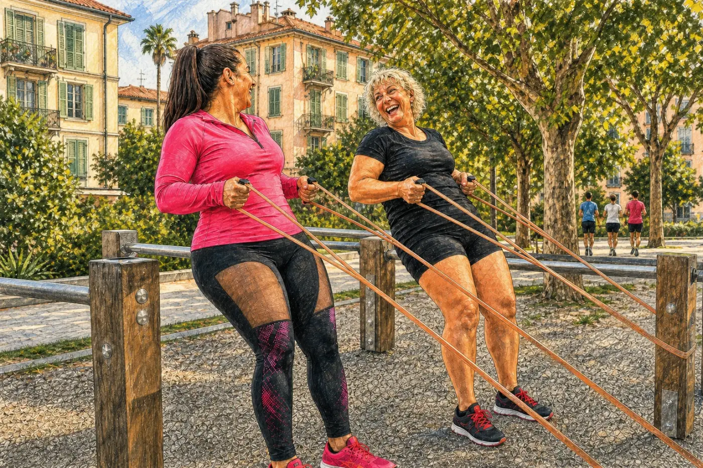 Deux femmes aux silhouettes généreuses s’entraînent avec des élastiques dans un parc niçois bordé d’immeubles colorés.