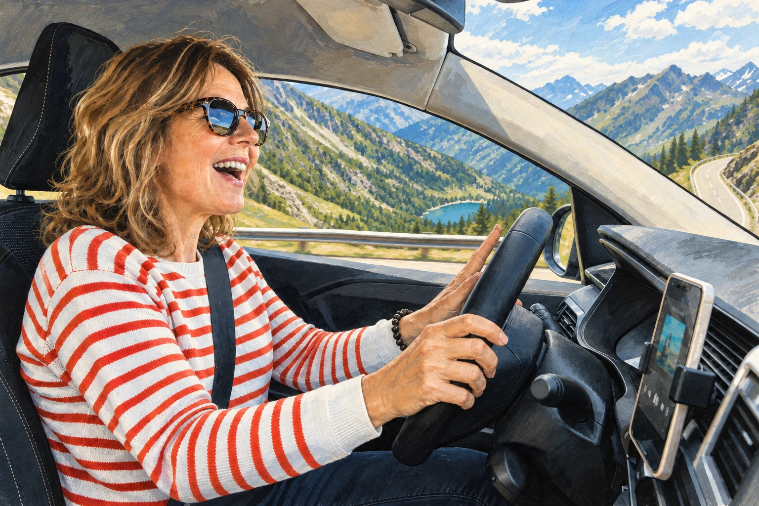 Une femme chante avec bonheur en conduisant sur une route de montagne, son téléphone fixé au tableau de bord.