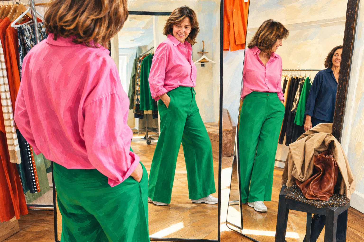 Une femme d’environ 55 ans essaie un pantalon vert et une chemise rose dans une boutique indépendante française.