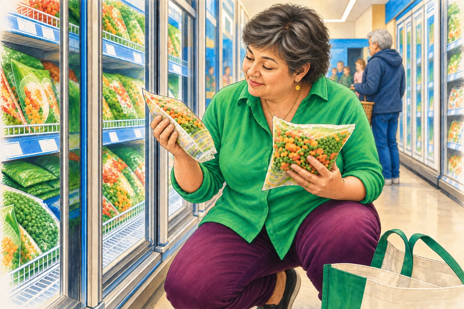 Une femme compare avec attention deux sachets de légumes surgelés dans le rayon coloré d’un supermarché.