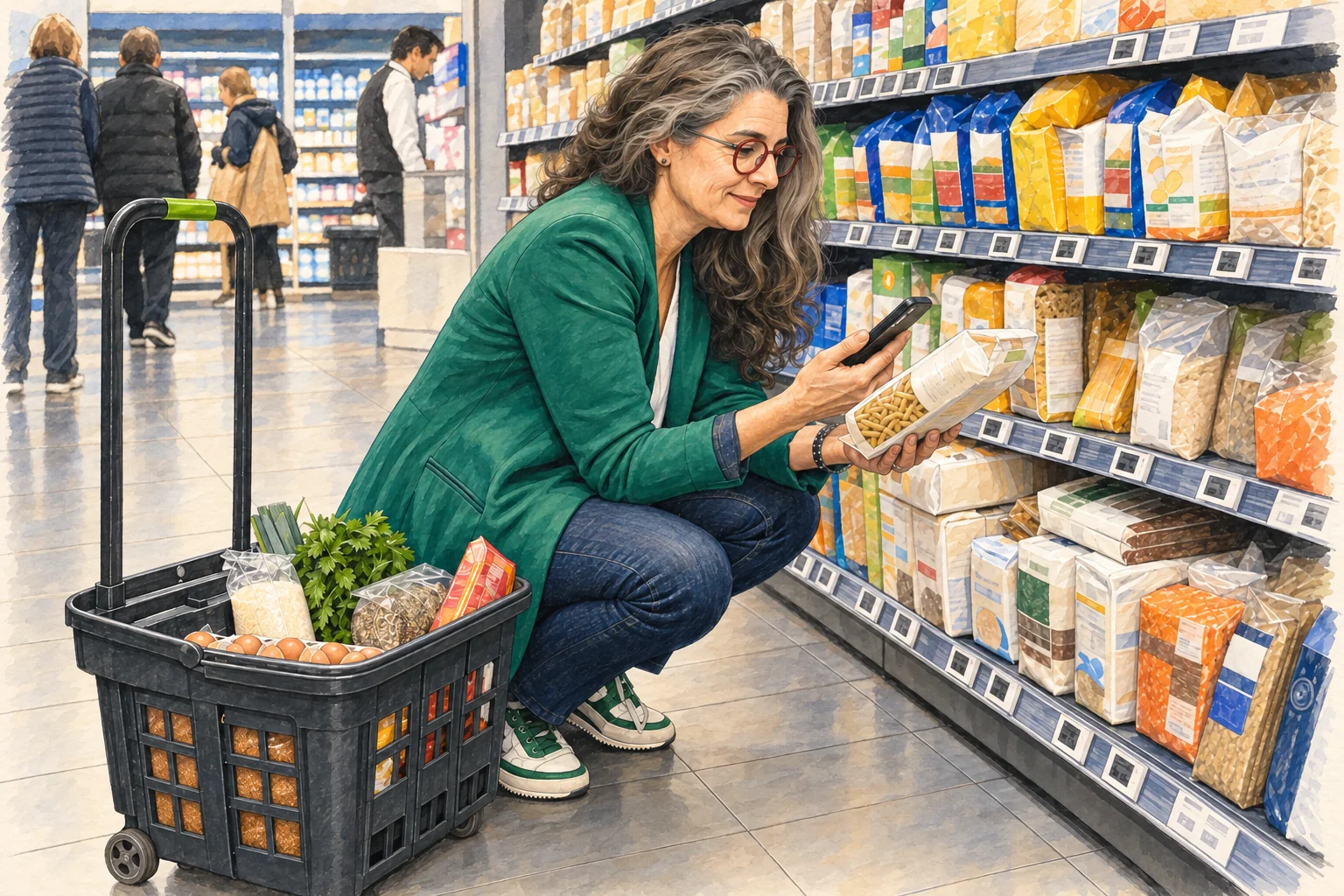 Une femme choisit des produits sans gluten dans un supermarché.