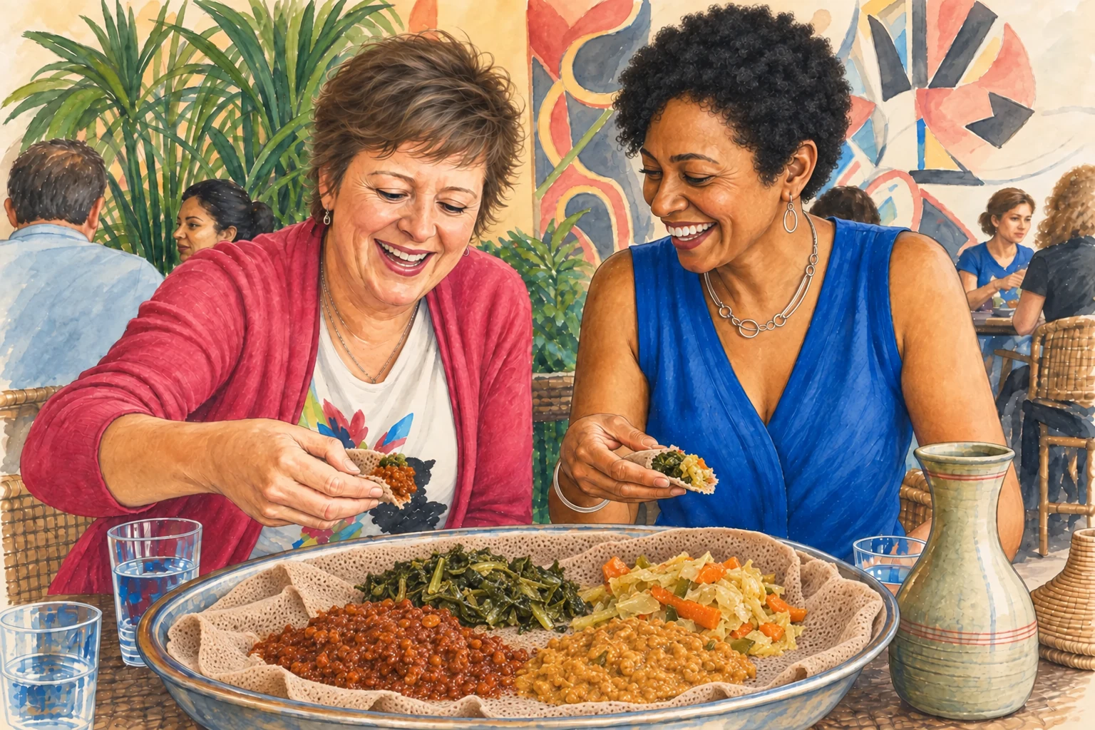 Deux amies partagent en riant un plateau d’injera, de lentilles et de légumes dans un restaurant.