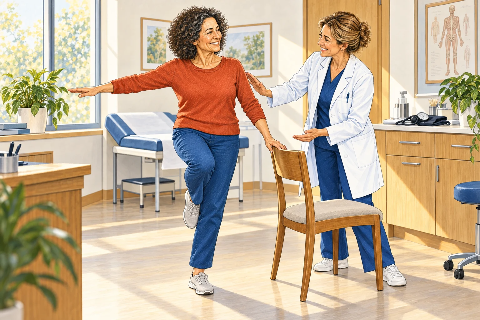 Dans un cabinet médical lumineux, une femme fait un exercice d’équilibre près d’une chaise, accompagnée avec le sourire par sa médecin.