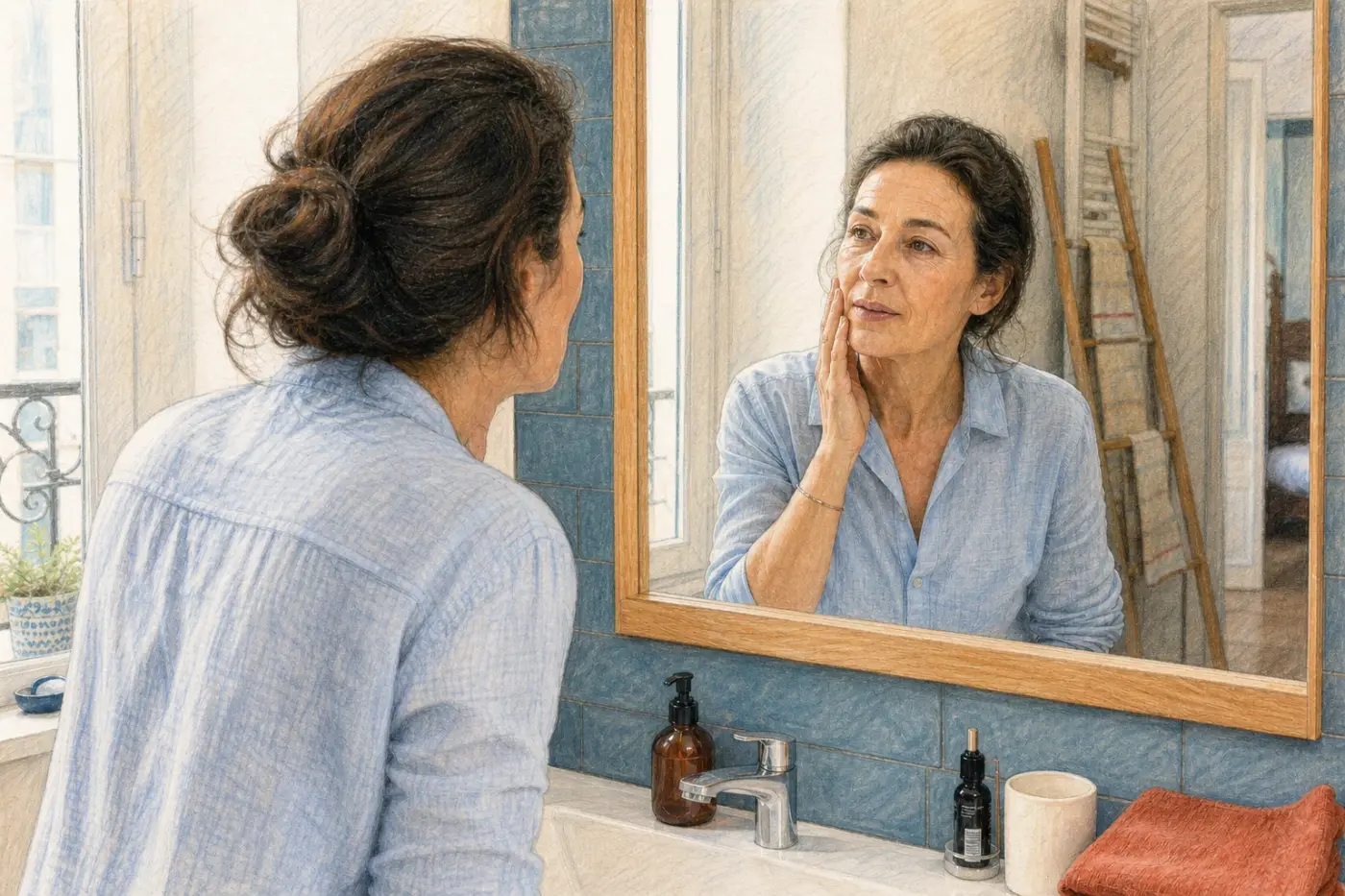 Une femme d’environ 55 ans observe calmement son visage dans le miroir d’une salle de bains française contemporaine.