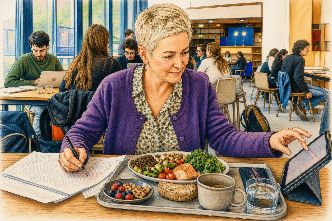 Une femme mature étudie le cerveau et l’alimentation à l’université.