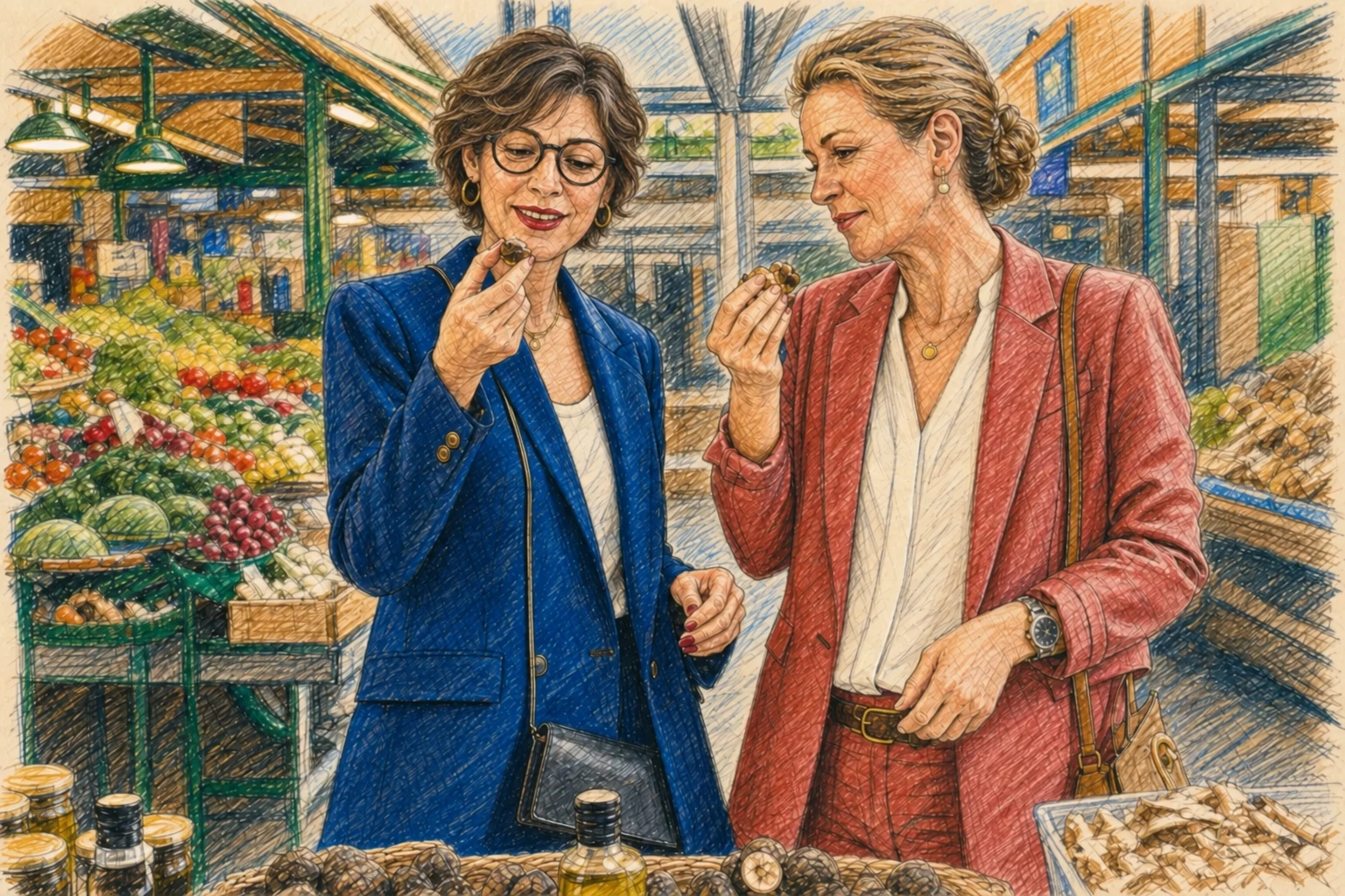 Deux femmes dégustent des fruits au marché ; celle à lunettes porte une coupe courte et ondulée.