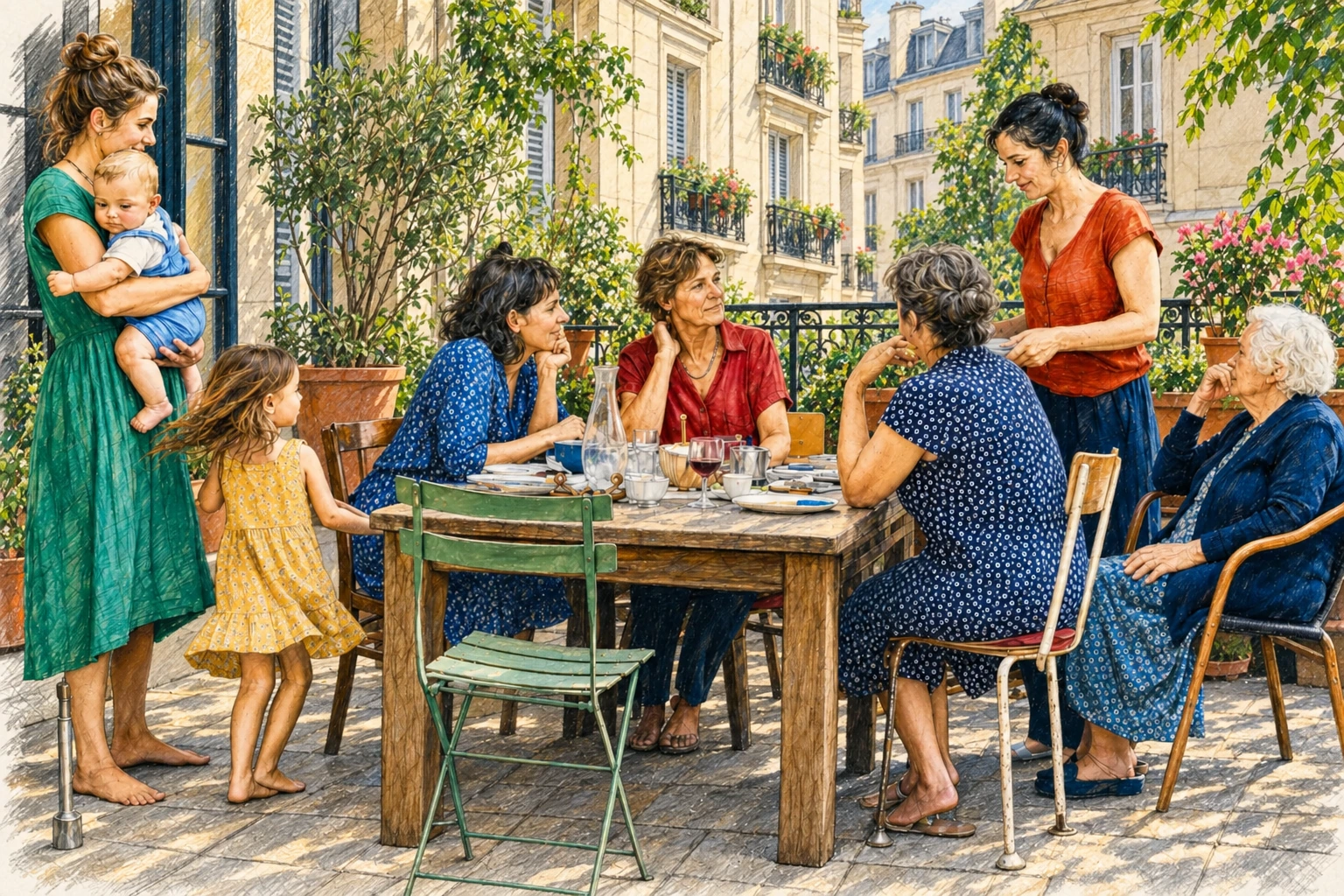 Plusieurs générations de femmes et d’enfants réunies autour d’une table sur une terrasse urbaine.