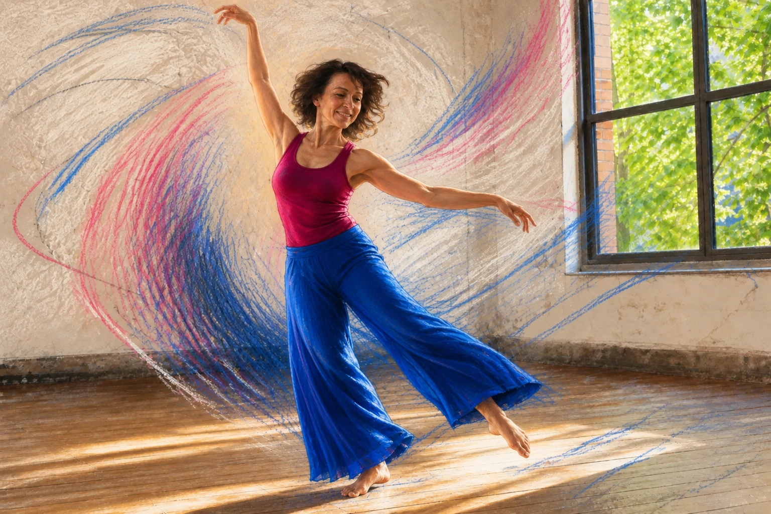 Une femme danse avec souplesse dans un studio lumineux, entourée de traits roses et bleus.