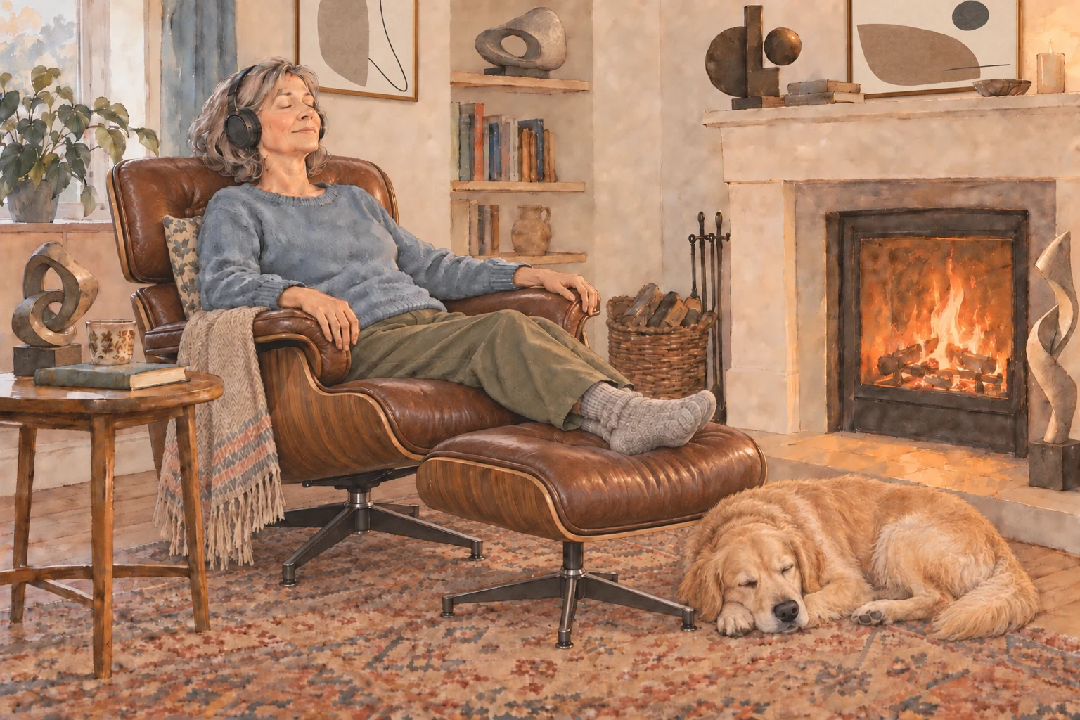 Une femme écoute de la musique dans un fauteuil Eames en cuir marron avec son ottoman, près du feu et de deux tableaux abstraits minimalistes aux tons sobres, tandis qu’un chien doré dort sur le tapis.