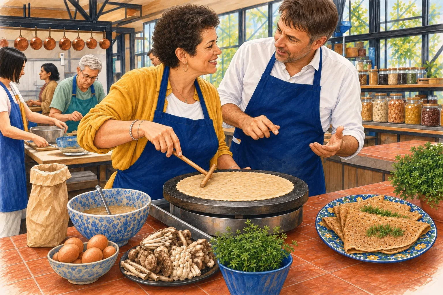 Une femme et un homme discutent en préparant une galette dans un atelier de cuisine.