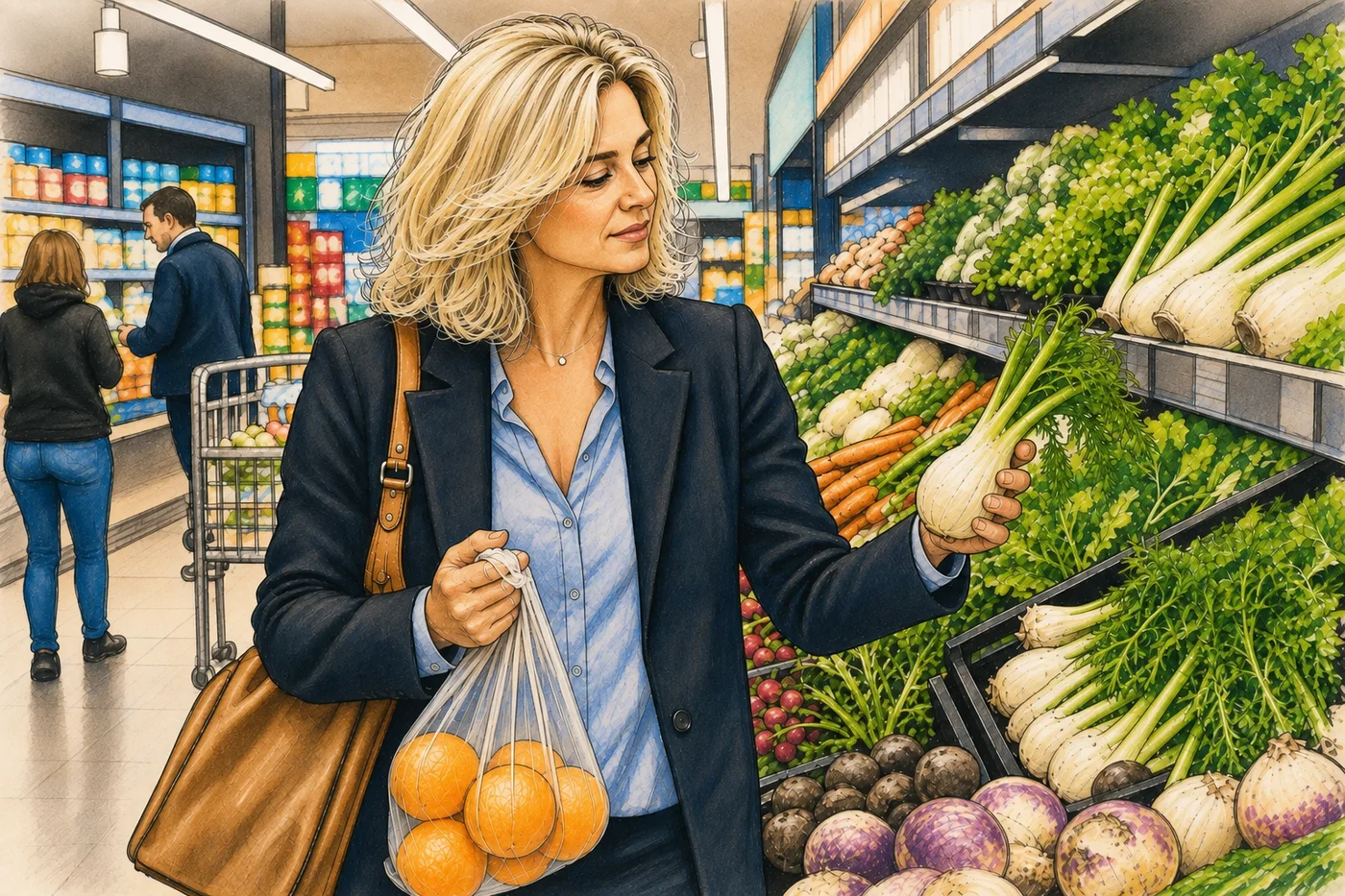 Une femme sortant du travail choisit un fenouil au rayon des légumes, un sachet d’oranges déjà à la main.