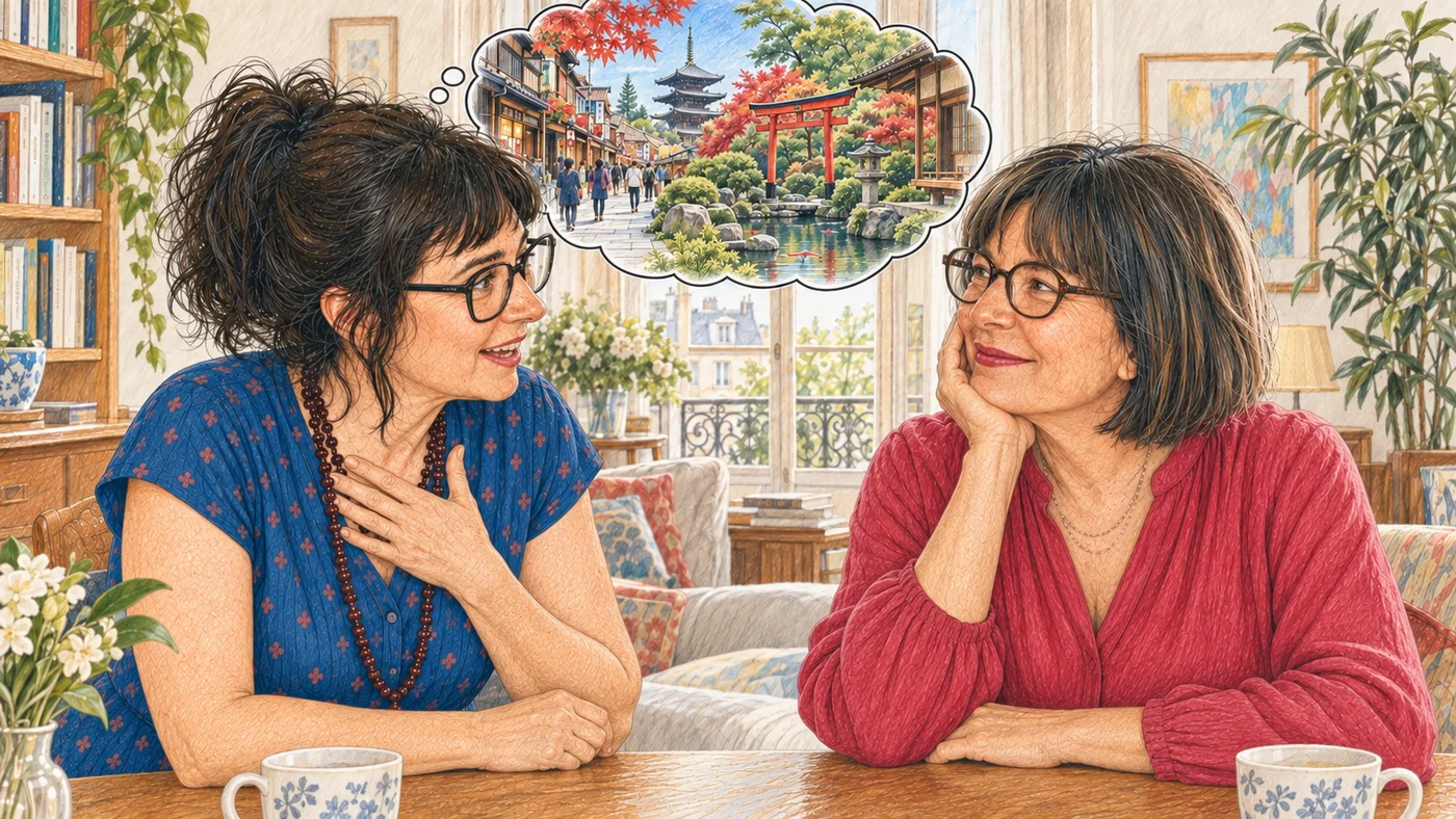 Florence raconte son rêve de Japon à Véronique, qui l’écoute en souriant, la joue appuyée sur sa main.