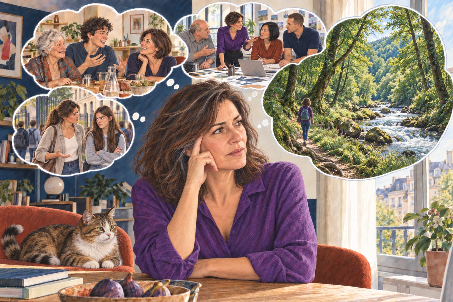 Une femme en réflexion, son chat à ses côtés : des bulles évoquent sa famille, ses échanges au travail, sa relation avec une adolescente et son rêve de nature sauvage.
