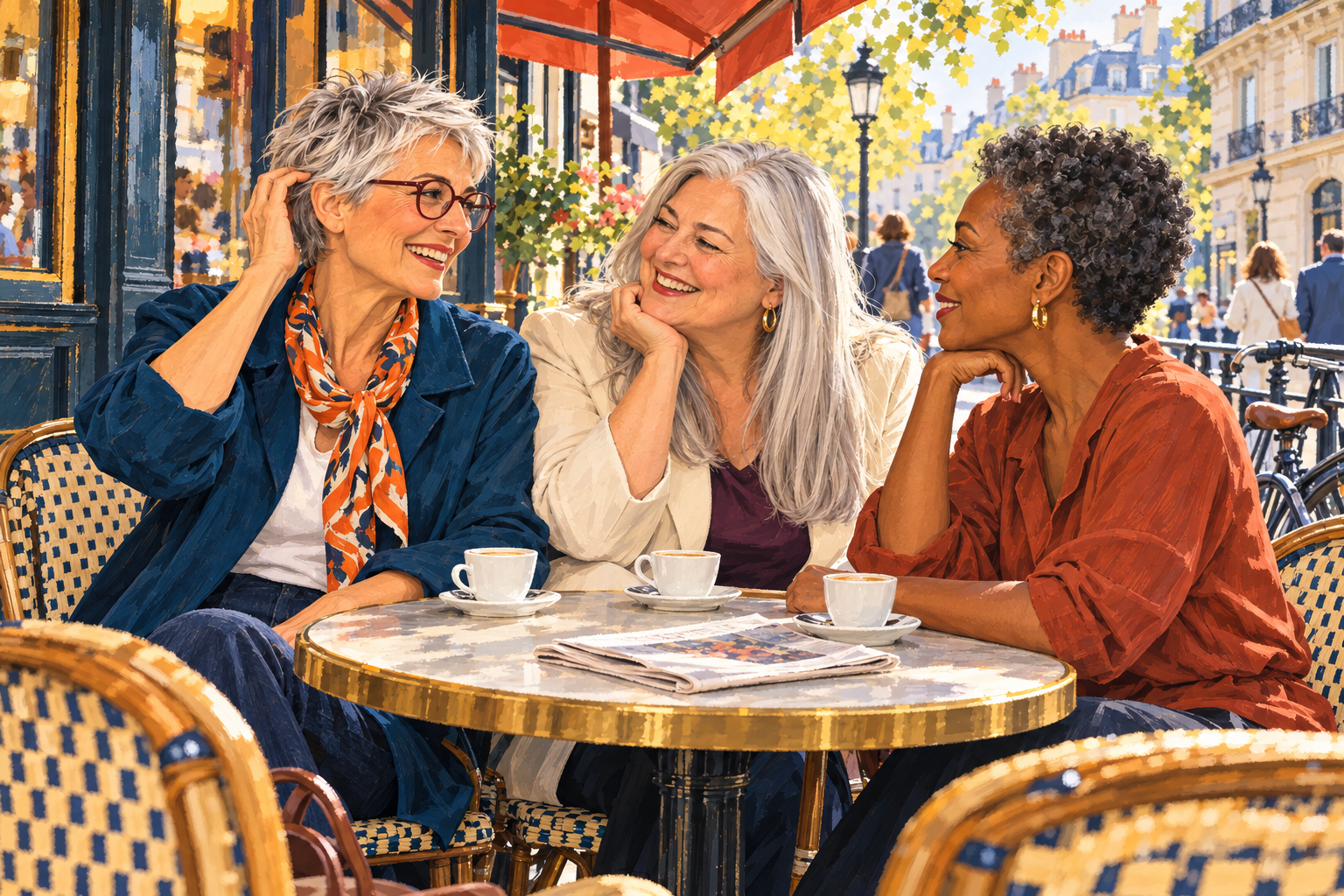 Trois amies aux coiffures différentes discutent à la terrasse d’un café.