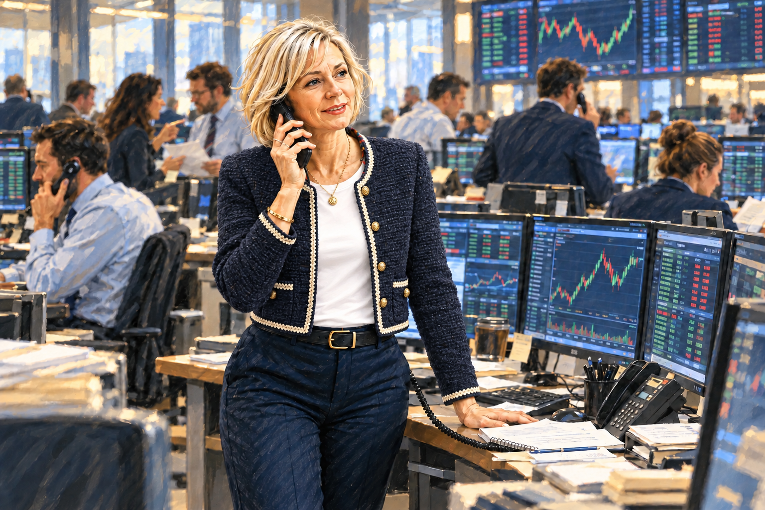 Sophie, sans lunettes, en veste courte en tweed bleu marine et tee-shirt blanc, téléphone dans une salle de marchés animée.