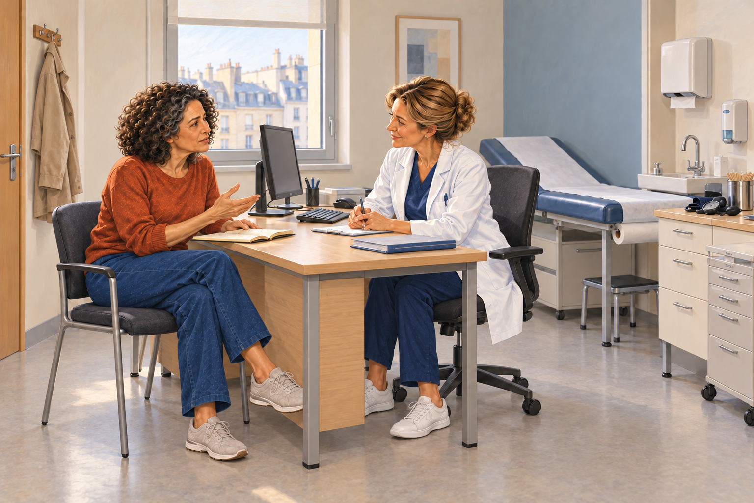 Une femme pose une question à son médecin pendant une consultation.