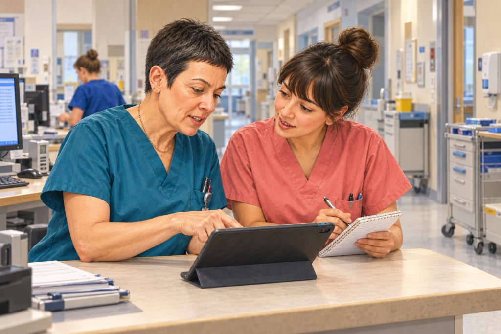 Deux infirmières de générations différentes échangent autour d’une tablette au poste de soins.