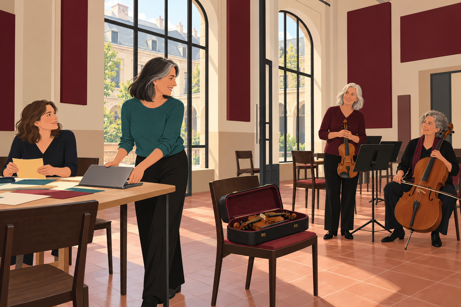 Une femme ferme son ordinateur et rejoint des amis musiciens.