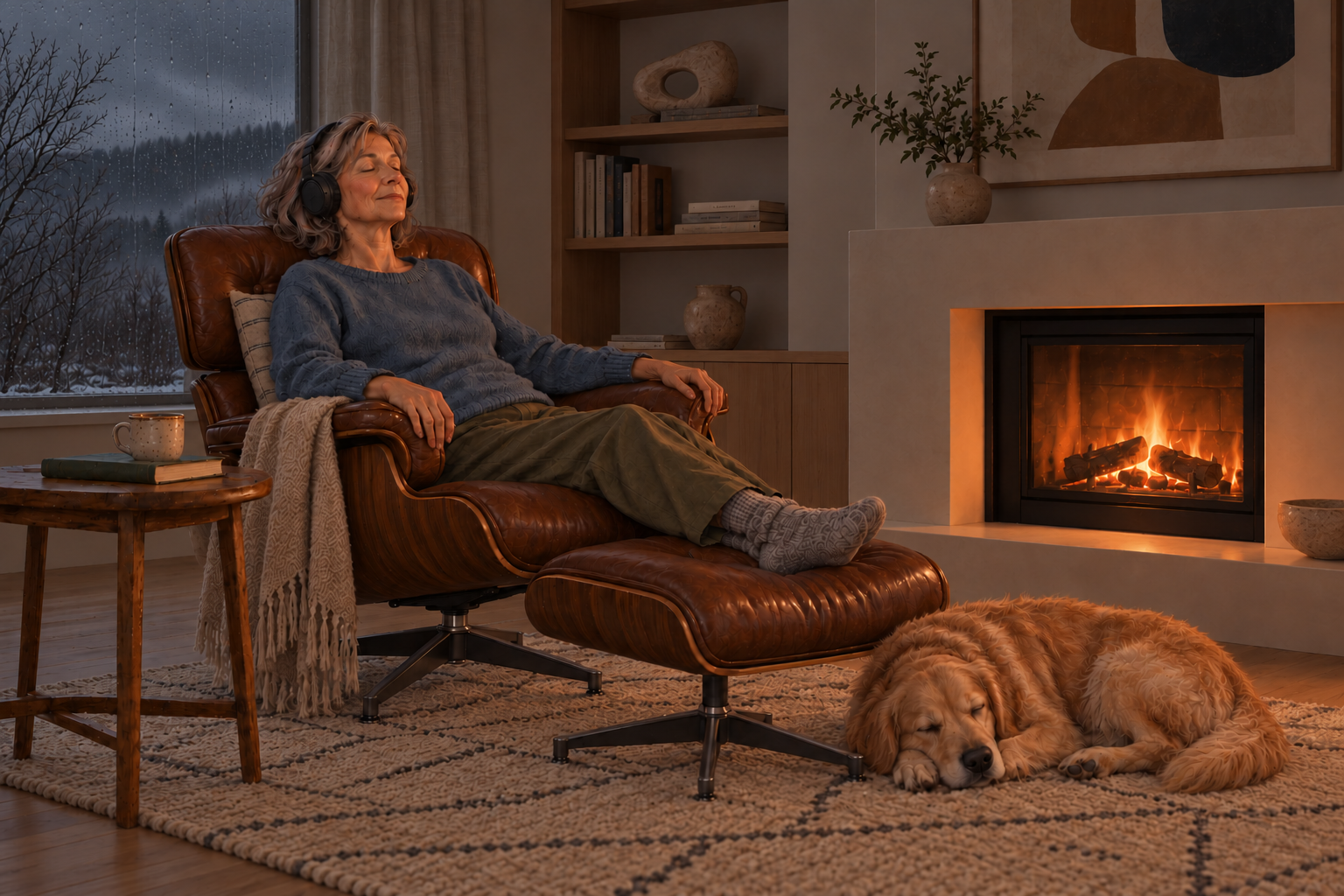 Une femme se repose près du feu, un chien à ses pieds, pendant un après-midi d’hiver.