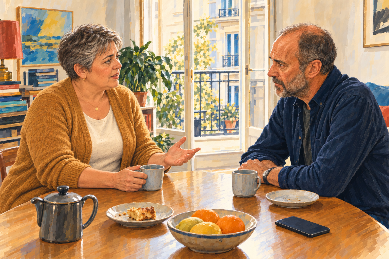 Un couple échange au petit-déjeuner ; la femme aux cheveux poivre et sel s’adresse à son conjoint.