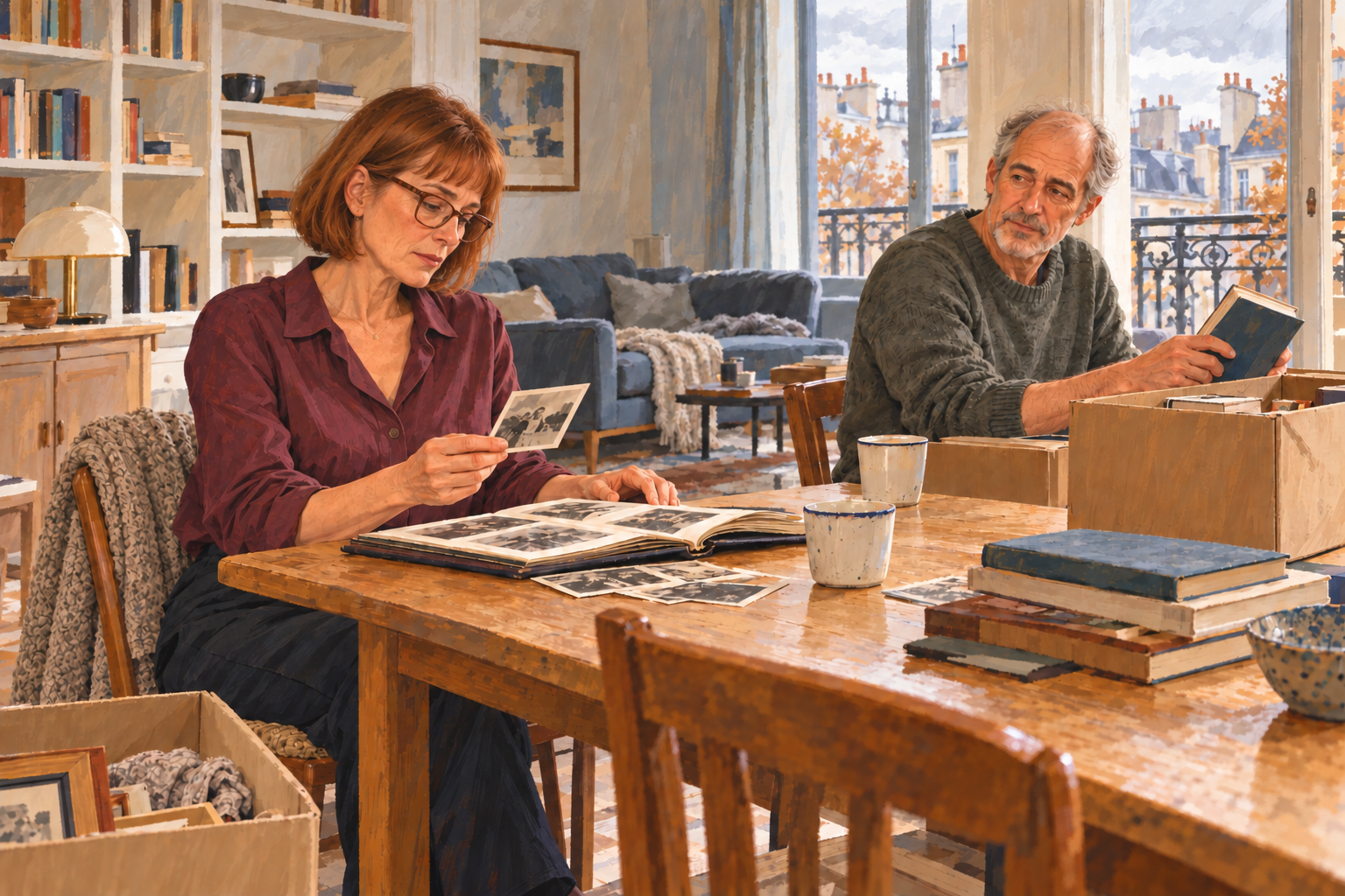 Un couple feuillette un album photo au milieu des cartons.