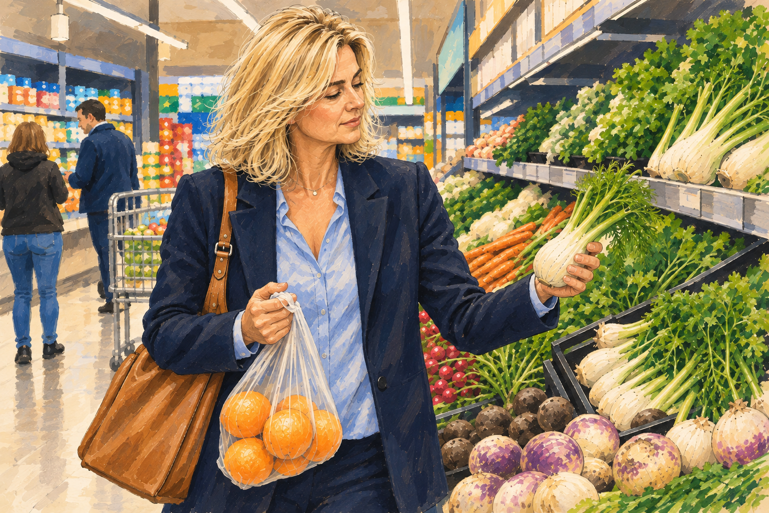 Une femme choisit un fenouil au supermarché, un sachet d’oranges à la main.