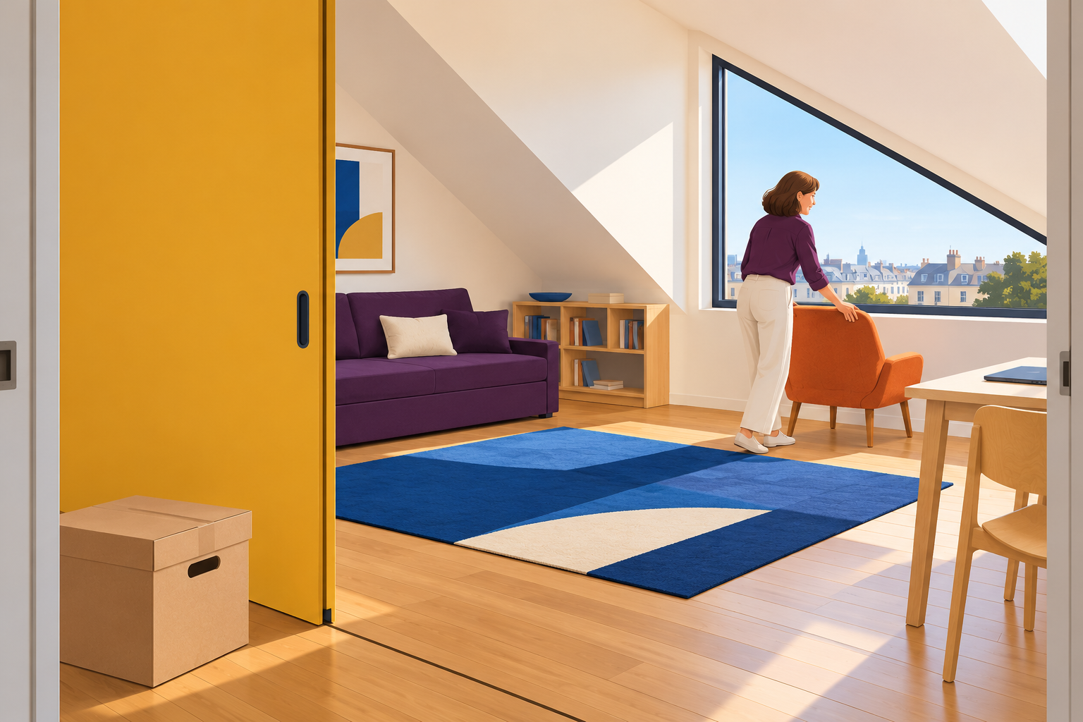 Une femme réaménage une pièce lumineuse avec une cloison jaune, un canapé prune et un fauteuil orange.