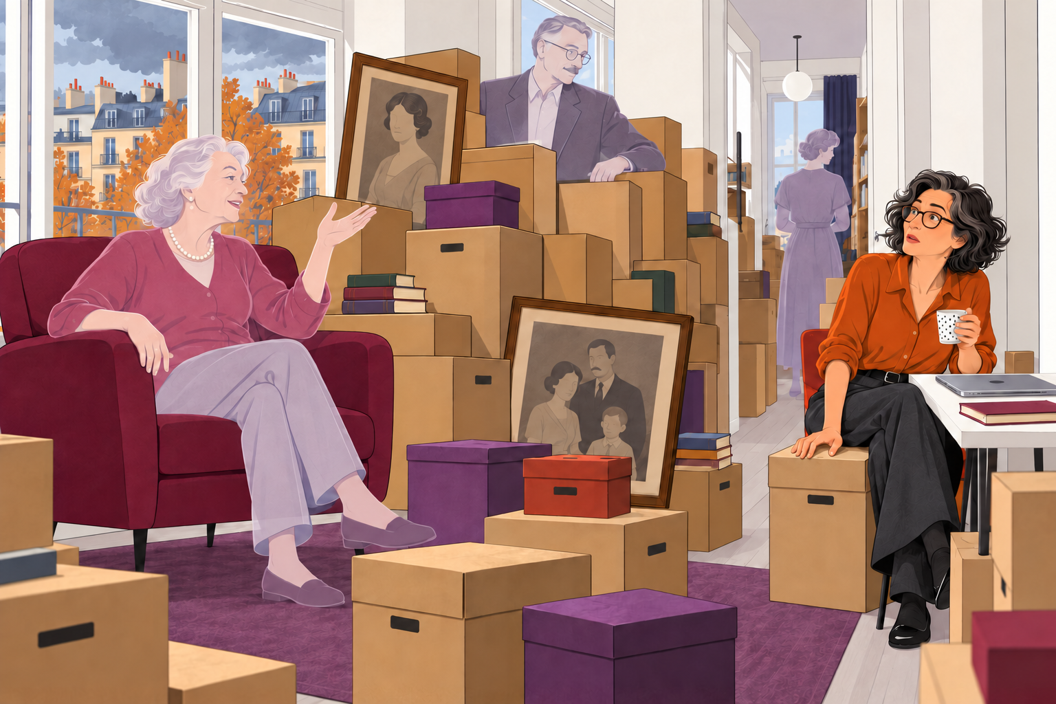 Béatrice, étonnée, tient une tasse à son bureau parmi les cartons et les portraits de famille. Sa mère translucide, avec son collier de perles, occupe le fauteuil framboise.