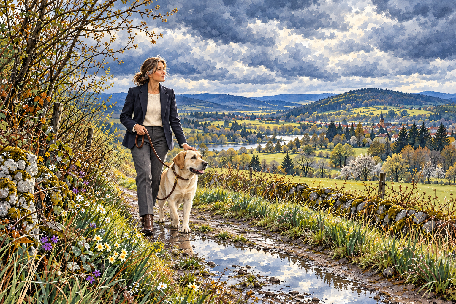 Isabelle et son labrador Largo, tout proches sur un chemin des Vosges, sous un ciel mouvementé.