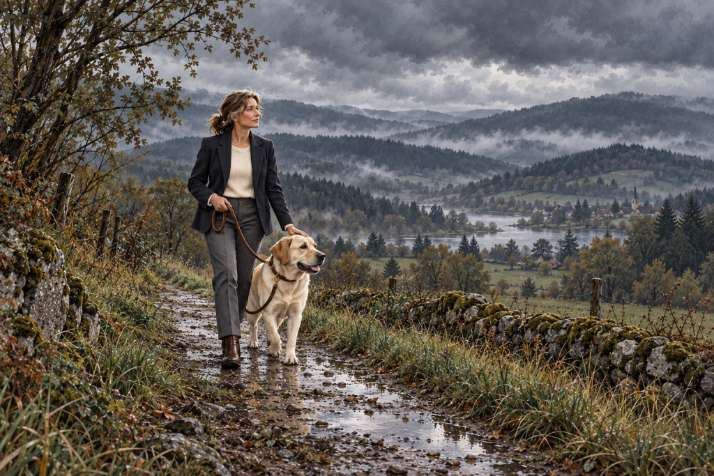 Isabelle et son labrador Largo, tout proches sur un chemin des Vosges, devant un paysage sobre aux collines brumeuses et au ciel sombre.