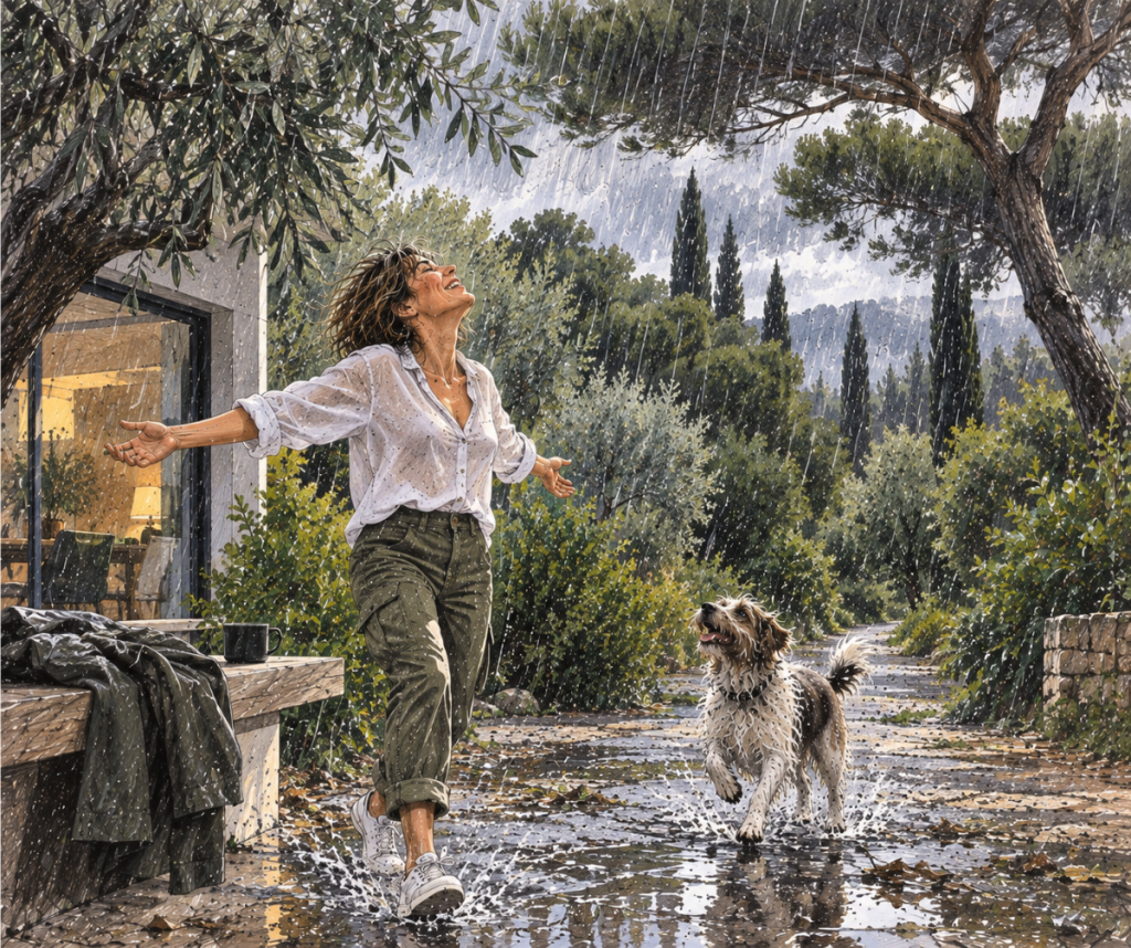 Une femme savoure la pluie, les bras ouverts, dans un jardin méditerranéen ; son chien joue à ses côtés.