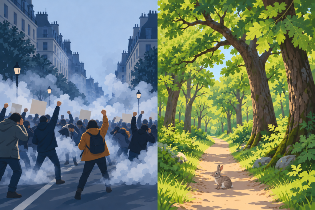 Dessin en deux parties : une manifestation dans une rue enfumée à gauche, un sentier lumineux sous les chênes avec un lapin à droite.
