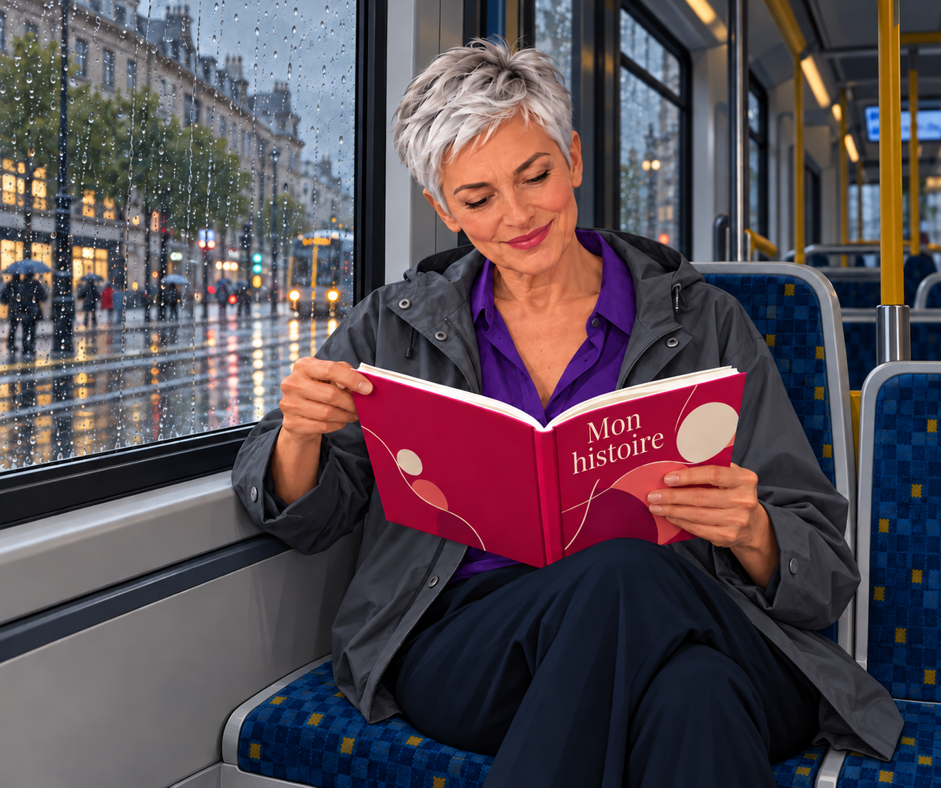 Dans un bus sous la pluie, une femme lit son propre récit, dans un livre portant le titre « Mon histoire ».