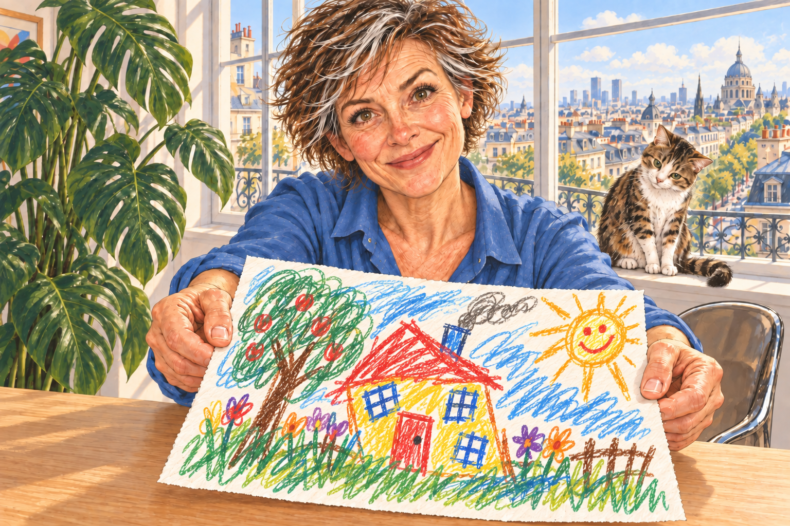 Une femme souriante présente son dessin enfantin d’une maison colorée ; un chat est assis près de la fenêtre.