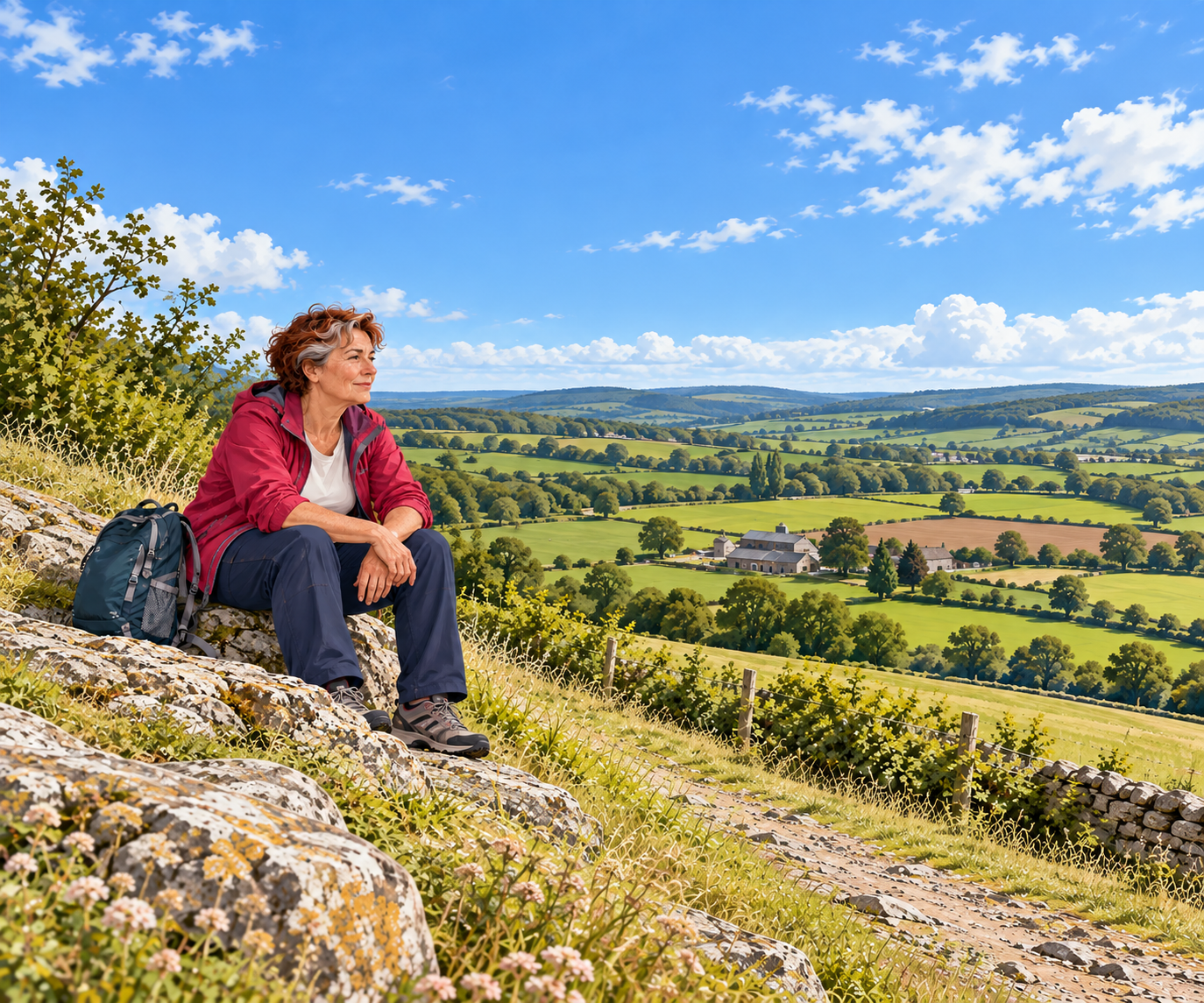 Une femme en veste framboise prend un moment de recul face à un vaste paysage de campagne.