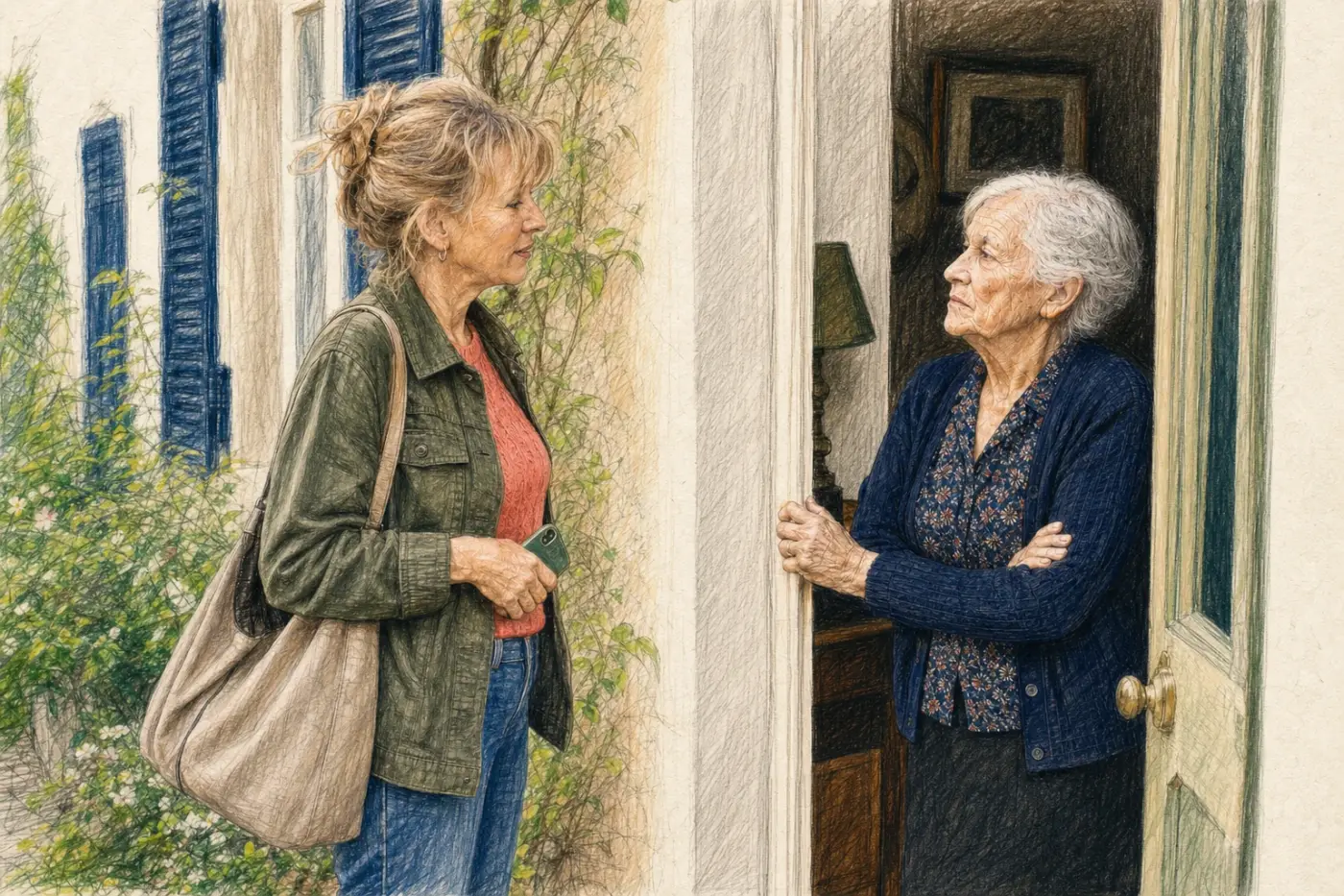 Une femme d’une cinquantaine d’années parle avec sa mère très âgée, droite et fermée, sur le seuil de sa maison.