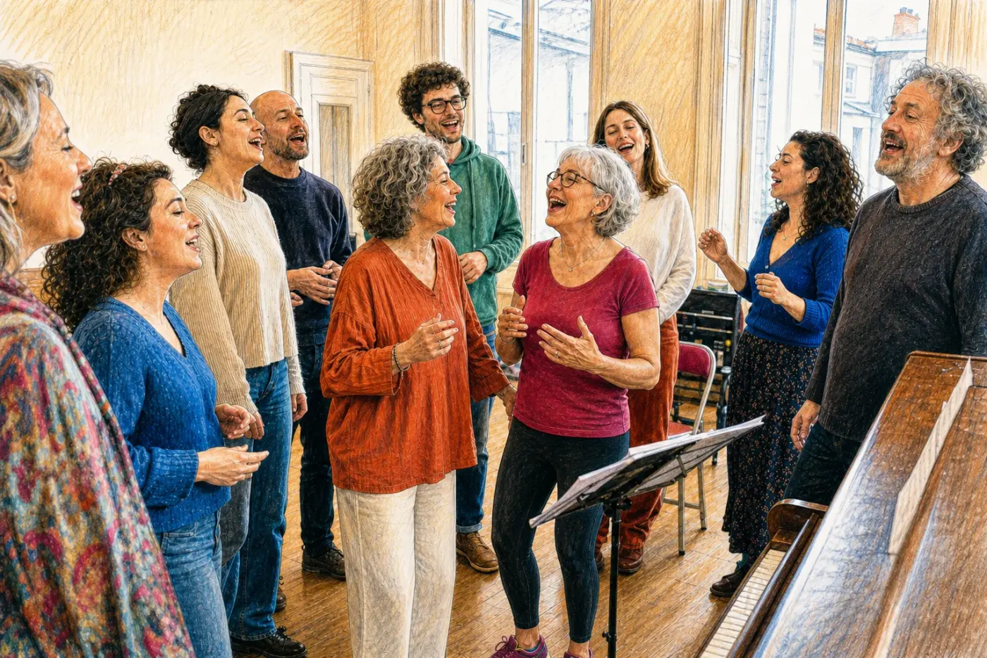 Des femmes et des hommes de plusieurs générations chantent ensemble dans une salle culturelle française.