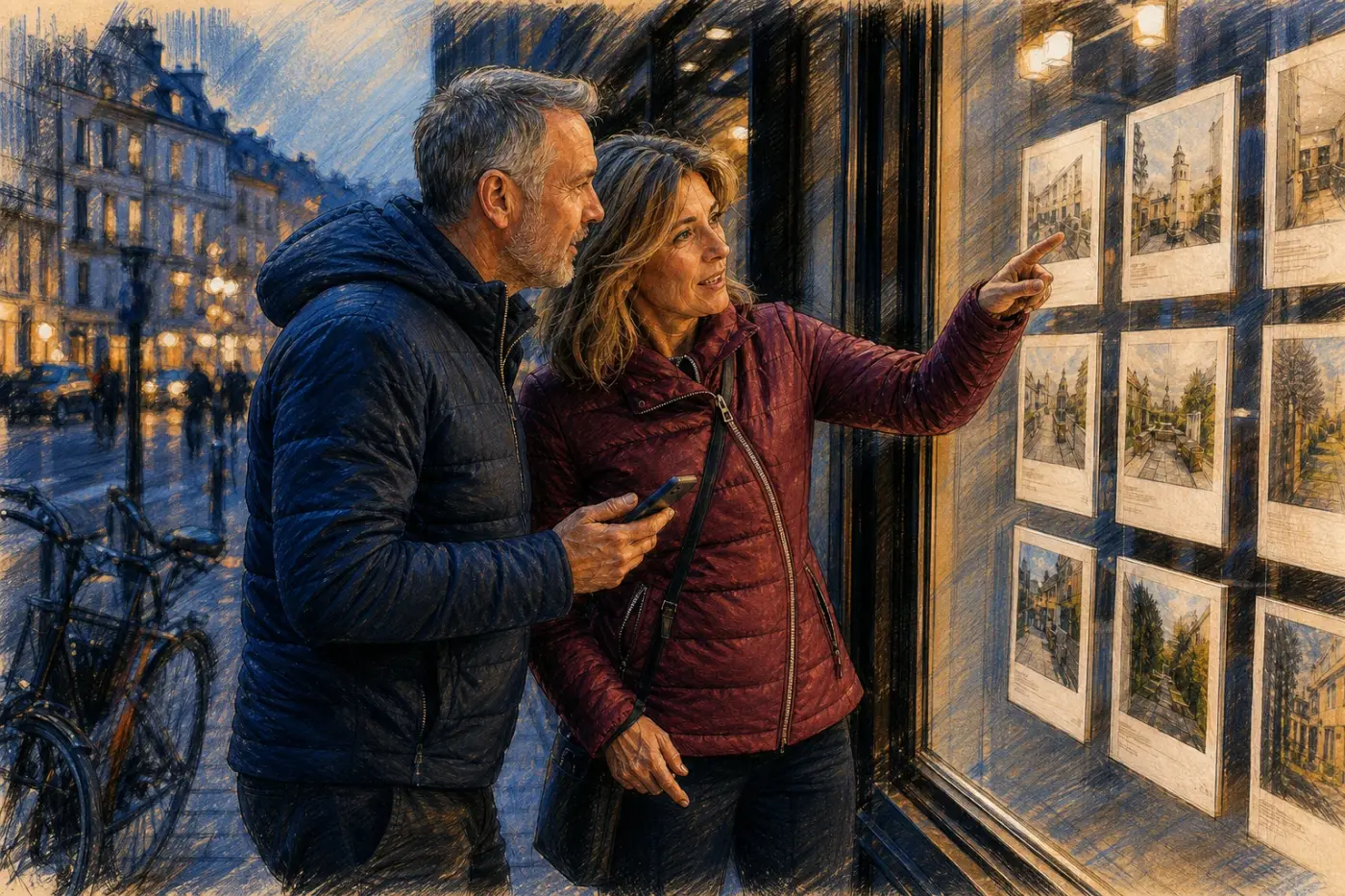 Un couple français d’une soixantaine d’années compare avec énergie les annonces d’une agence immobilière au crépuscule.