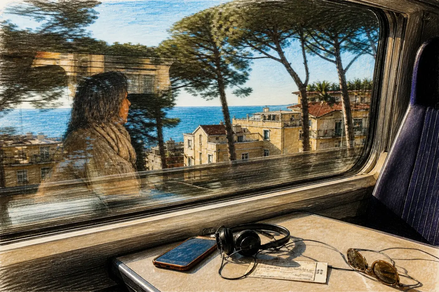 Depuis un train, le reflet d’une femme se superpose à un paysage méditerranéen lumineux bordé de pins et de mer.