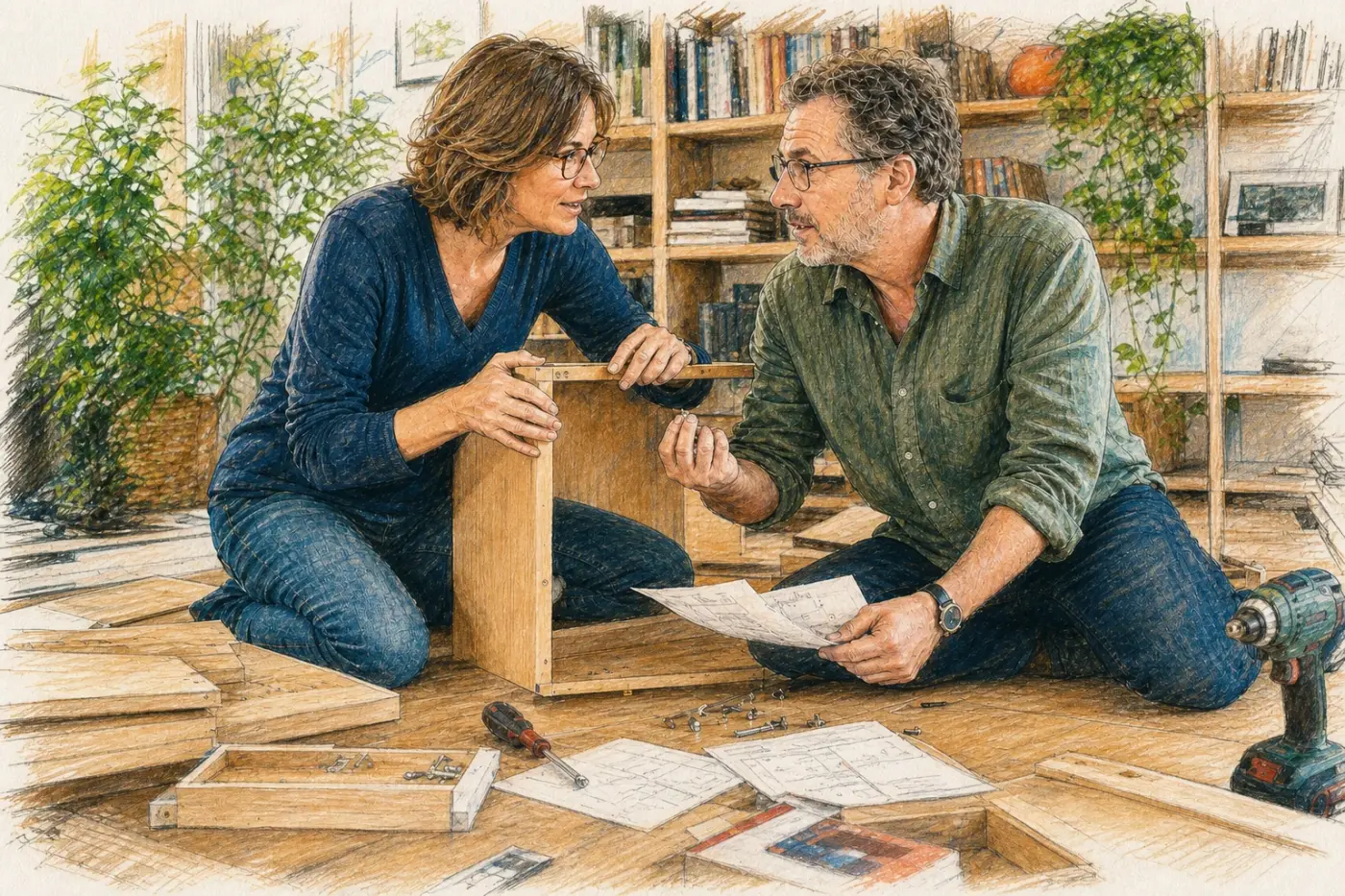 Un couple d’une soixantaine d’années construit ensemble une bibliothèque dans son appartement.
