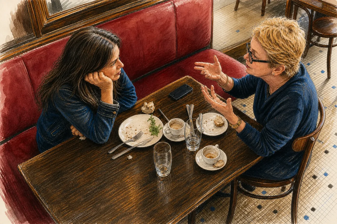Deux femmes poursuivent une conversation attentive après déjeuner dans une petite brasserie française.
