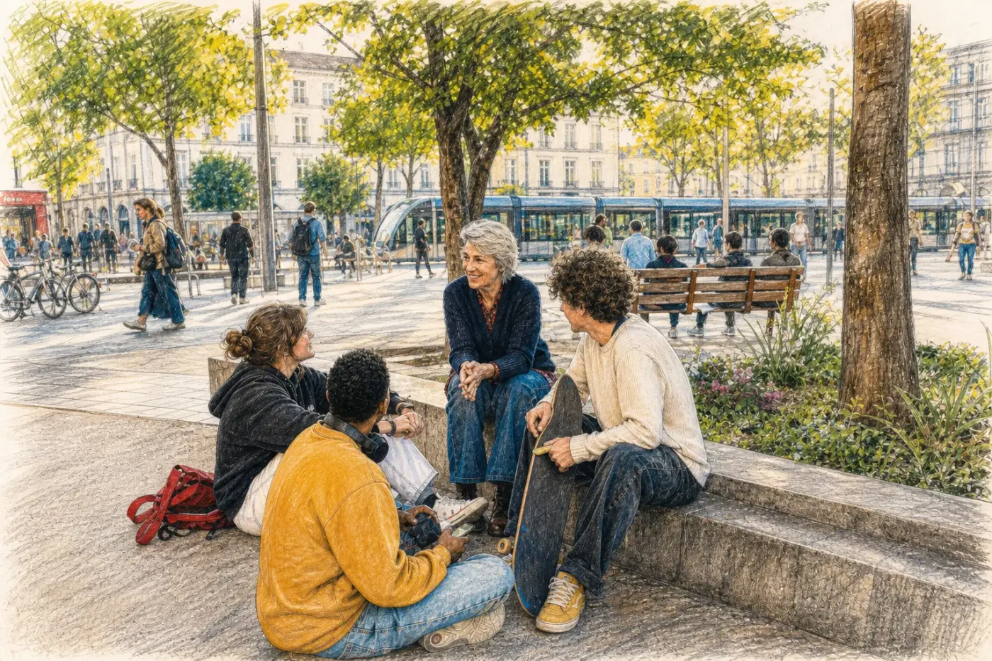 Une femme échange avec plusieurs jeunes dans une place publique française vivante et arborée.
