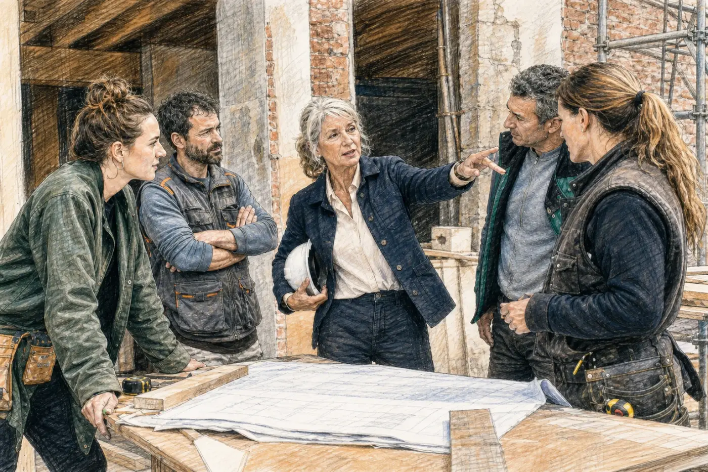 Une femme mature dirige avec assurance une équipe réunie autour des plans d’un chantier de rénovation.